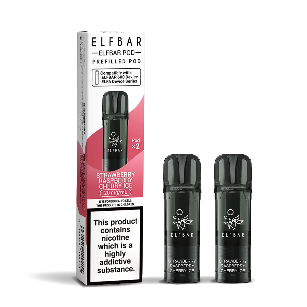 Elfbar 600 Refill Pod Replacements: Strawberry Raspberry Cherry Ice - 2 Pods 20mg (10 Pack)