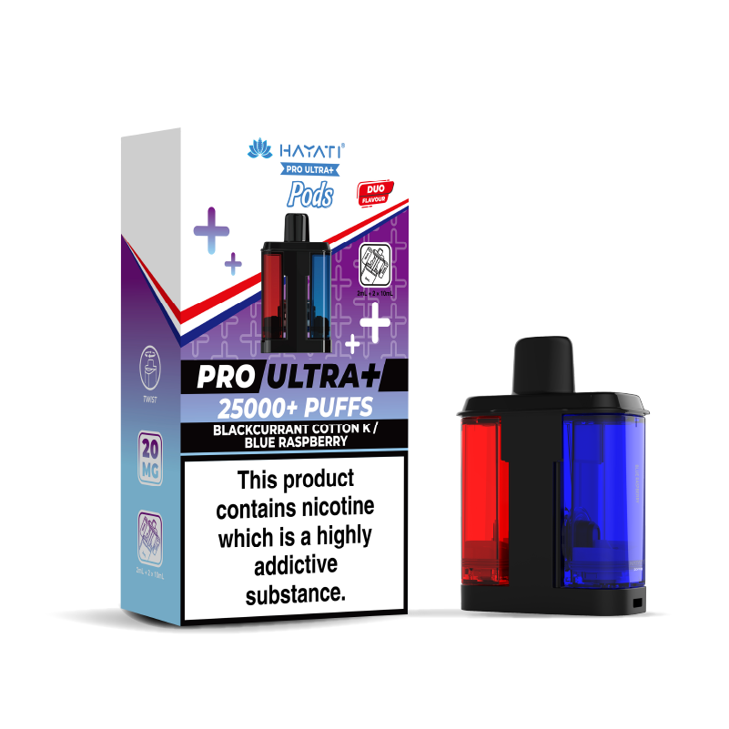 Hayati Pro Ultra 25K Refill Pod Replacements: Blackcurrant Cotton K/Blue Raspberry - 20mg (5 Pack)