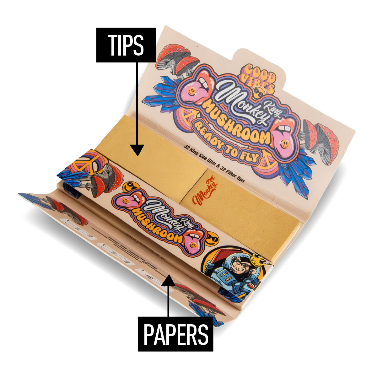 Monkey King Rolling Papers + Tips: Mushroom Unbleached - King Size (24 Pack)