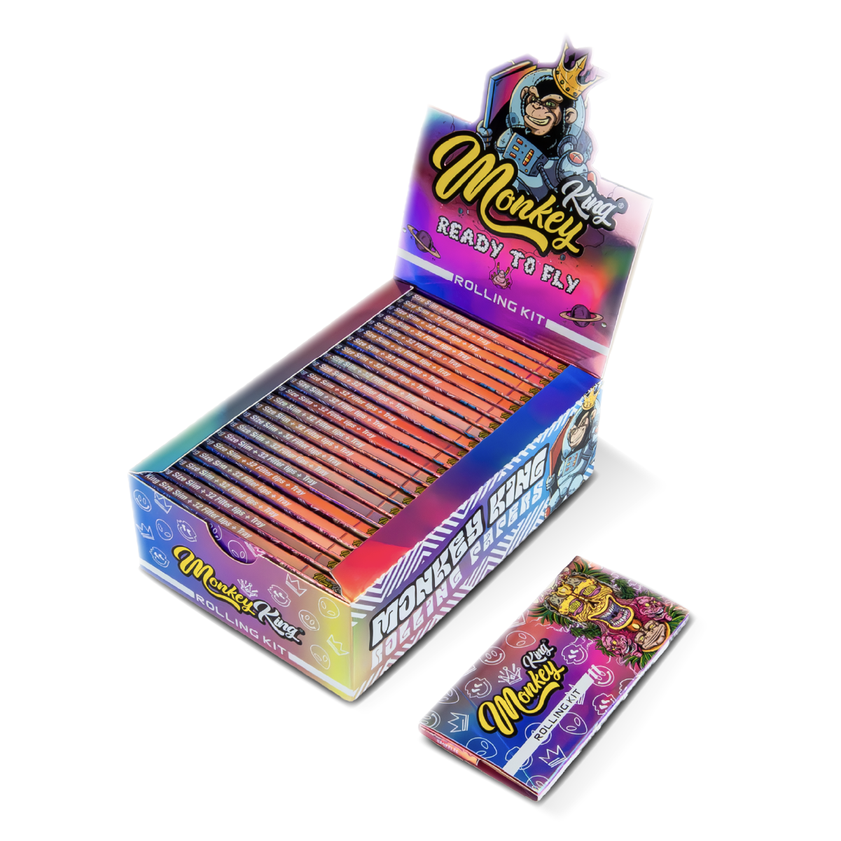 Monkey King Rolling Papers + Tips & Tray: Ready To Fly Unbleached - King Size (24 Pack)