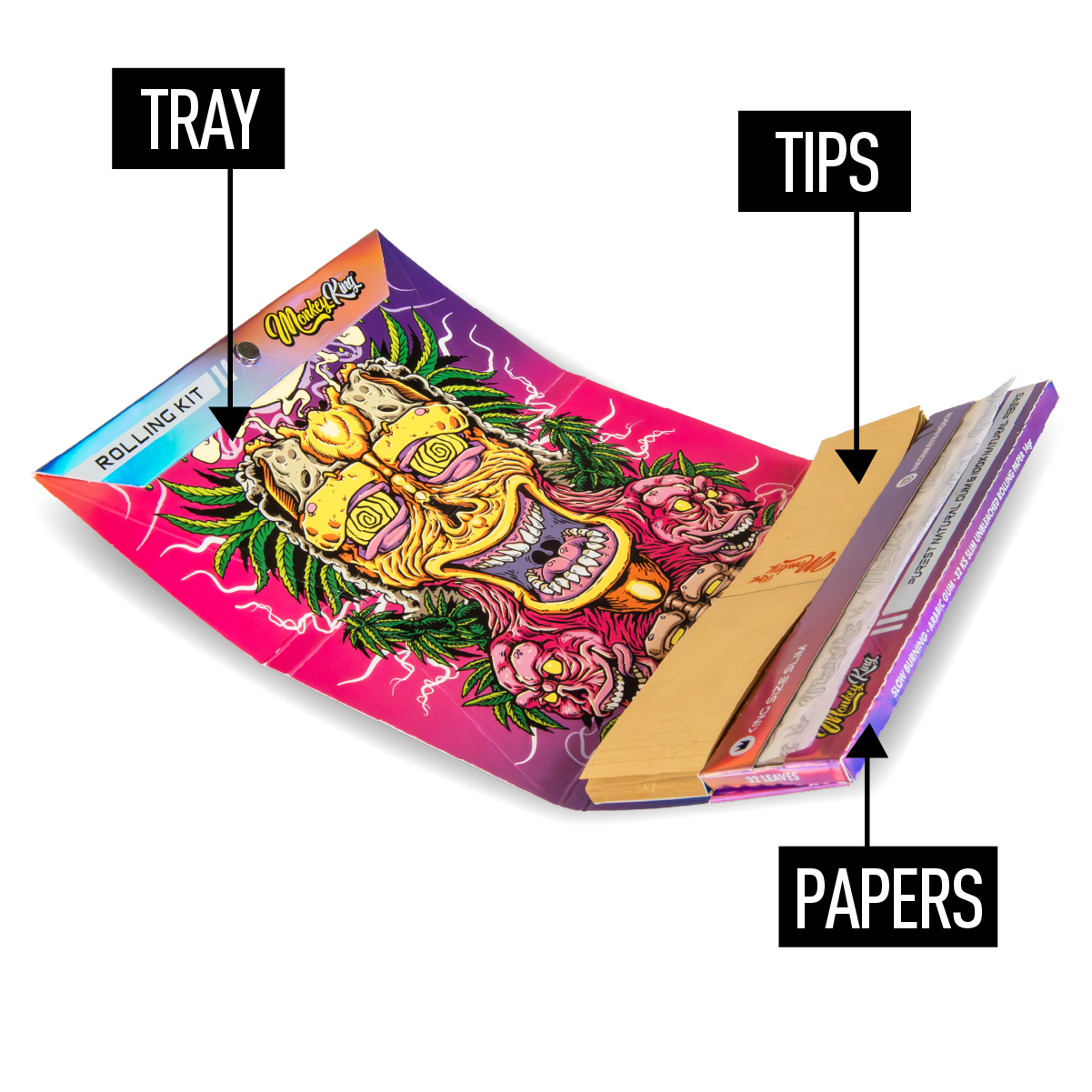 Monkey King Rolling Papers + Tips & Tray: Ready To Fly Unbleached - King Size (24 Pack)