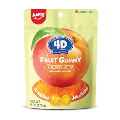 Amos 4D Fruit Gummies: Peach Burst - 6oz Peg Bag (12 Pack)